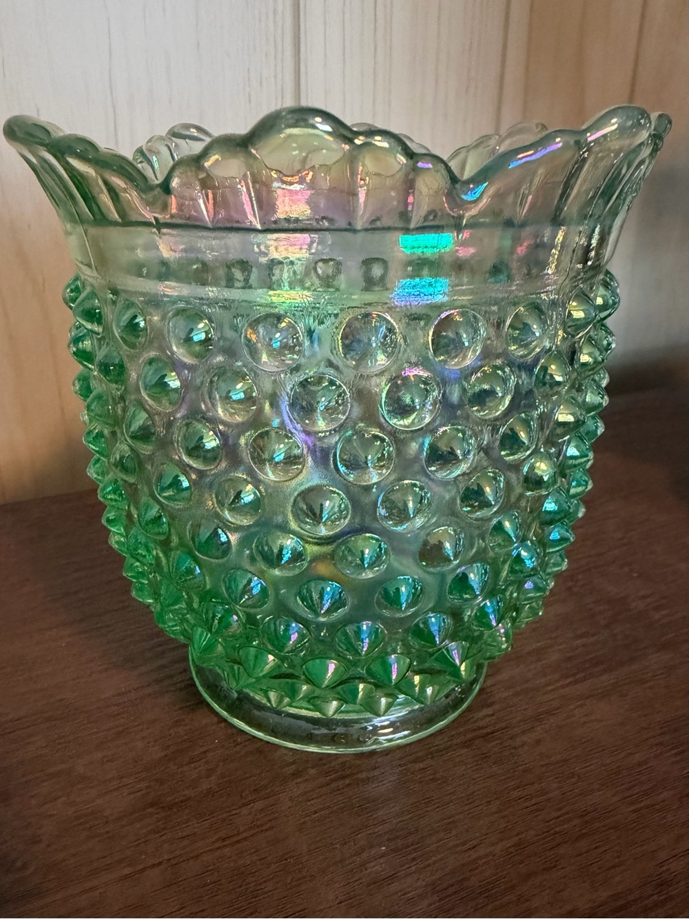 Fenton Green Iridescent Hobnail Vase